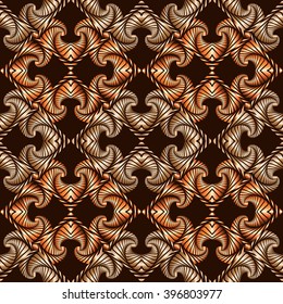 Abstract luxurious seamless pattern with bronze and brass ornamental elements on dark brown background