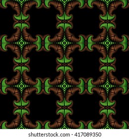 Abstract luxurious seamless pattern with bronze and metallic green decorative ornament on black background