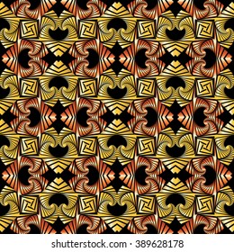 Abstract luxurious seamless pattern with golden and bronze decorative shapes on black background
