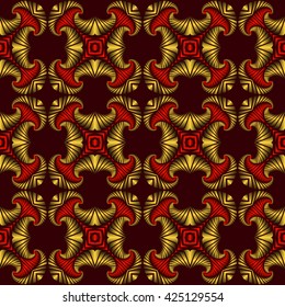 Abstract luxurious seamless pattern with golden and red decorative ornament on dark red background