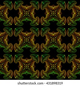 Abstract luxurious seamless pattern with golden and green metallic gradient decorative ornament on black background