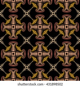 Abstract luxurious seamless pattern with golden, silver, metallic red and metallic pink decorative ornament on black background