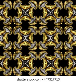 Abstract luxurious seamless pattern with golden and silver decorative ornament on black background