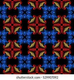 Abstract luxurious seamless pattern with golden, metallic red and blue decorative ornament on black background