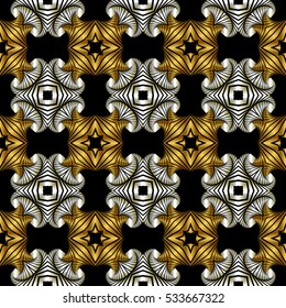 Abstract luxurious seamless pattern with golden and silver decorative ornament on black background