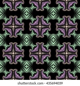 Abstract luxurious seamless pattern with silver, metallic green and metallic violet decorative ornament on black background