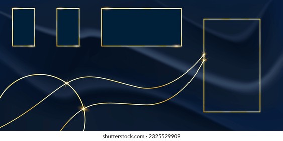 abstract luxurious square frame and circle golden with curve lines gold on fabric crumpled design dark blue background. vector illustration