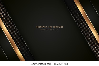 Abstract luxurt black geometric overlap layers with stripe golden line and glitter lighting on dark background. Premium and elegant background with copy space. Vector illustration