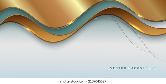 Abstract luxury 3d background gold elegant line on wave shape overlapping on soft green background with copy space for text. Vector illustration