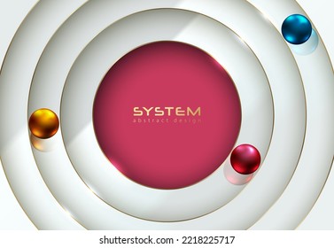 Abstract luxury 3D circle papercut layer glossy whire background with golden line. Gold vector frame layered header. Shiny metallic spheres orbit around pink red center for logo