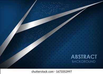 Abstract luxury 3d overlap background with blue paper layers. Vector geometric illustration of silver line and white blue circle glitters dots and textured shapes. Graphic design element.