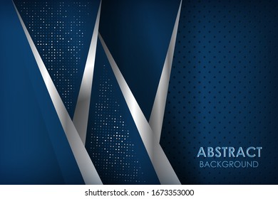 Abstract luxury 3d overlap background with blue paper layers. Vector geometric illustration of silver line and white blue circle glitters dots and textured shapes. Graphic design element.