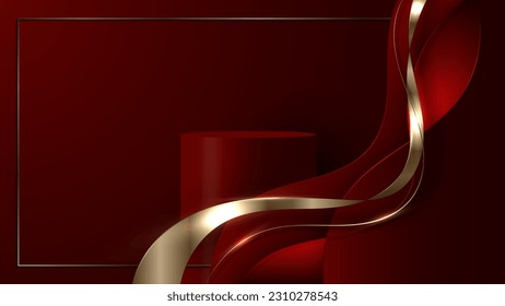 Abstract luxury 3D realistic red podium display wave shapes paper cut style with golden shiny ribbon lines elements on red background. Vector illustration