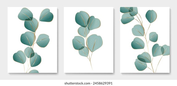 Abstract luxury art background with eucalyptus leaves with golden elements in line art style. Botanical set for decoration, print, wallpaper, textile, interior design, poster.