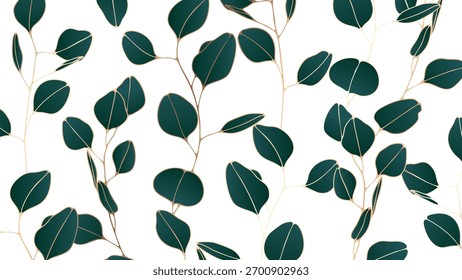 Fundo de arte de luxo abstrato com folhas de eucalipto com elementos dourados em estilo de arte de linha.