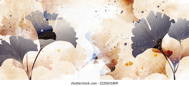 Abstract luxury art background with ginkgo leaves in blue, beige and gold tones. Botanical watercolor banner for wallpaper design, print, decor, interior design, textile, fabric, invitations.