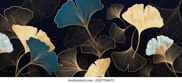 Resumen de fondo de arte de lujo con hojas de ginkgo en estilo de arte de línea dorada. Banner botánico para el diseño de la decoración, papel pintado, papel pintado, textil, diseño interior, afiche.