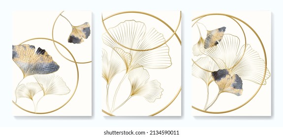 Abstract luxury art background with golden rings and ginkgo leaves. Botanical poster set for decoration, interior design, textile, packaging