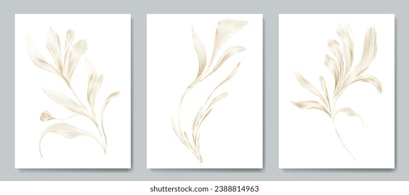 Abstract luxury art background with golden leaves in hand drawn line art style. Vector set for decoration design, print, textile, poster, wallpaper, interior design.