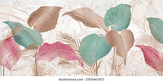 Abstract luxury art background with hand drawn tropical leaves in line style. Botanical vector banner for cover design, postcard, invitation, wallpaper, interior, packaging, textile.