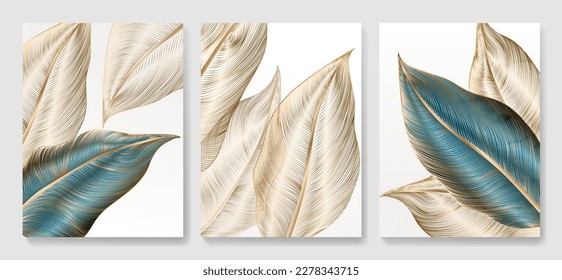 Abstract luxury art background with leaves in gold line style in white and blue. Botanical hand drawn print set for decor, banner, poster, wallpaper, interior design.