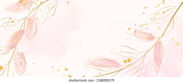 Resumen de fondo artístico de lujo con hojas de árbol en línea dorada. Banner de acuarela dibujado a mano para diseño de invitación, papel pintado, decoración, impresión.
