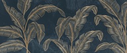 Abstract Luxury Art Background With Tropical Palm Leaves In Blue And Green Colors With Golden Art Line Style. Botanical Banner With Exotic Plants For Wallpaper Design, Decor, Print, Textile