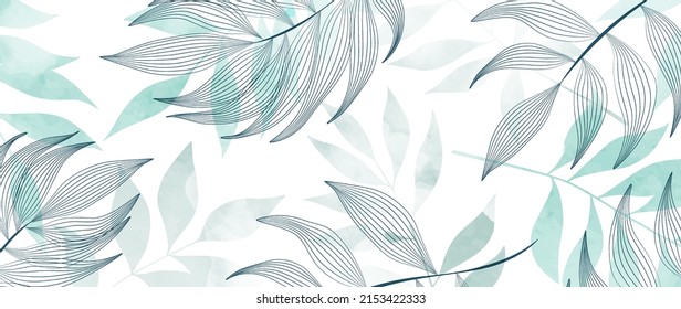 Abstract luxury art background with tropical leaves. Watercolor design in art line style in green and blue colors for wallpaper design, decor, interior