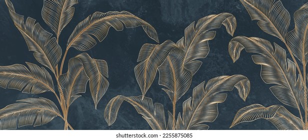 Abstract luxury art background with tropical palm leaves in blue and green colors with golden art line style. Botanical banner with exotic plants for wallpaper design, decor, print, textile - Shutterstock ID 2255875085