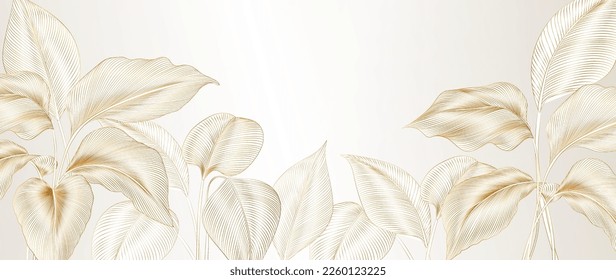 Abstract luxury art background with tropical leaves hand drawn in gold line art style. Botanical banner for decoration, print, wallpaper, textile, interior design.