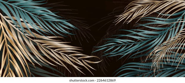 Abstract luxury art background with tropical palm leaves in green and gold. Hand drawn botanical banner for decor, print, textile, wallpaper, interior design, packaging.