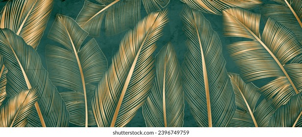 Abstract luxury art background with tropical leaves in golden line art style. Botanical banner for decoration, print, textile, wallpaper, interior design.