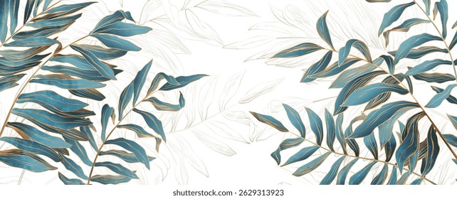 Abstract luxury art background with tropical plant leaves with golden line elements. Botanical banner for decor, print, textile, wallpaper, poster, packaging. interior design.