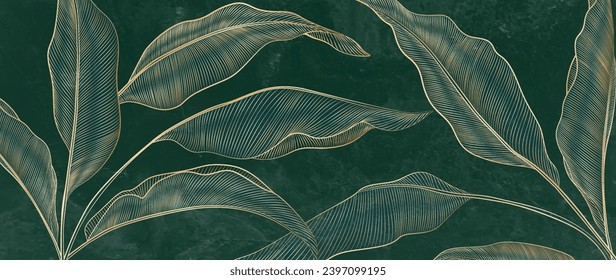 Abstract luxury art dark background with tropical palm leaves in golden line style. Botanical banner for wallpaper, decor, print, poster, textile, packaging, interior design.