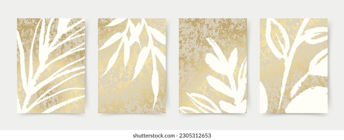 Abstract luxury artistic background with tropical leaves and golden texture. Vector botanical set for wall poster, print design, wallpaper, interior design, postcard