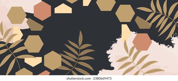 Abstract luxury artistic background with tropical palm leaves with watercolor brush strokes and geometric shapes. Botanical banner with exotic plants for design wallpaper, decor, print, textile	
