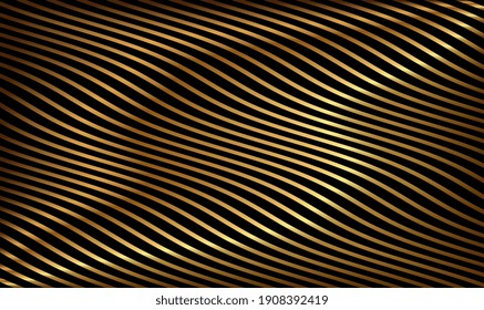 Abstract luxury background with 3d stripes. Bright gold stripy metallic backdrop. Golden texture with wavy, curves stripes. Fashion gold poster luxury design. 3d abstract style. Vector illustration