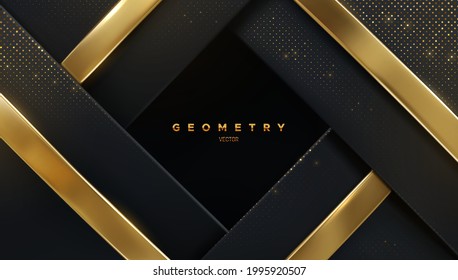 Abstract luxury background. Black layers with shiny glitters and golden ribbons. Vector 3d illustration. Geometric backdrop. Slanted shapes. Decoration frame for banner or poster design.