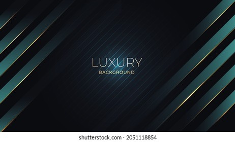 Abstract Luxury Background. Black Layers With Sapphire Blue And Golden Lines Vector. Geometry Backdrop. Slanted Shapes. Decoration Frame For Banner Or Poster Design