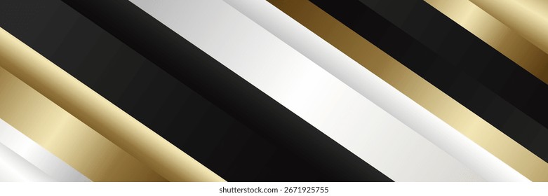 Fundo de luxo abstrato com listras metálicas pretas, brancas e douradas. Design diagonal elegante para banners da Web, cabeçalhos, modelos de venda, anúncios de negócios, prêmios e muito mais