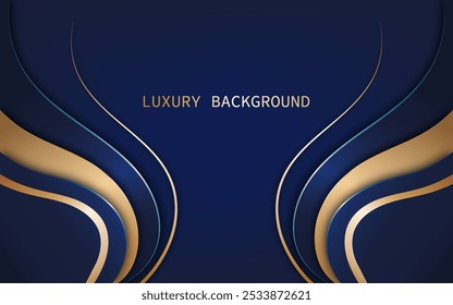 Abstract luxury background with curved overlapping blue gradient and gold