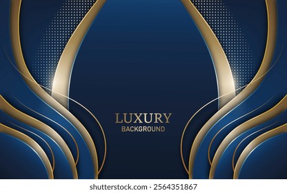 Abstract luxury background with elegant blue and gold wave decorated dotted and gold line on dark background. Vector illustration
