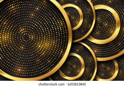 Fondo de lujo abstracto con forma de círculo dorado y partículas brillantes doradas. Plantilla de fondo elegante para encabezado de sitio web