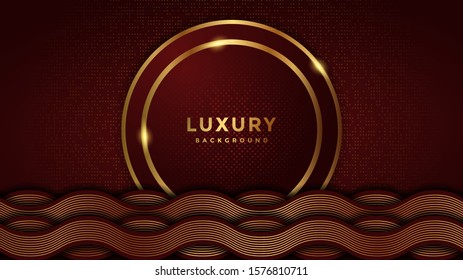 Abstract luxury background with gold colored lines. the dark red background is isolated with red dots and golden light.