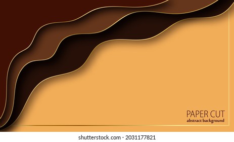 Abstract luxury background in paper cut. Brown and golden wavy layers. Vector illustration.