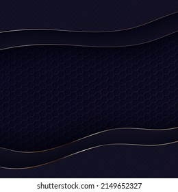 Abstract luxury background in paper cut style. Wavy dark border with golden edges. Dark wallpaper with hexagons or honeycombs texture. Vector 3d illustration in papercut realistic style.