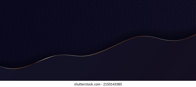 Abstract luxury background in paper cut style. Wavy dark border with golden edges. Dark wallpaper with hexagons or honeycombs texture. Vector 3d illustration in papercut realistic style.