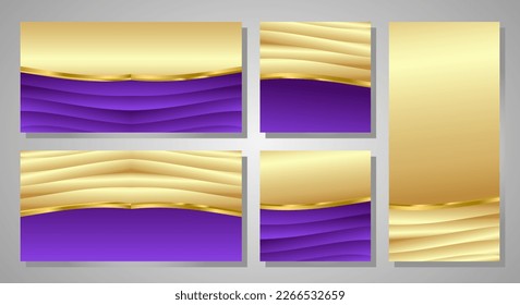 Abstract luxury background set with Golden and Purple shine lines. Luxury template design. cover, banner, poster, ads. Vertical, horizontal and square template. Vector illustration. eps 10.