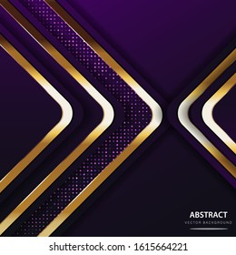 Abstract luxury background. Two triangles with golden stripes, shadow glitter, and purple background colliding with each other appear from the side. Modern geometric shapes design