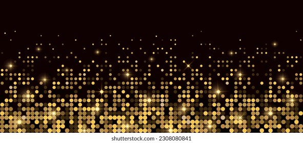 Abstract luxury banner with golden glittering dots on black background. Sparkling glitter bottom border, vector frame. Halftone effect. Magical gold dust. Pop art style backdrop.